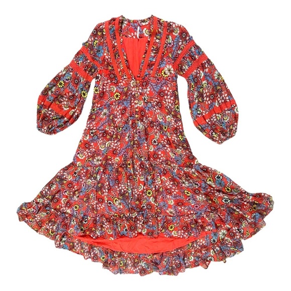 Free People Cassis Printed Chiffon Midi Dress Sz XS Floral Lattice Puff Sleeve - Picture 1 of 6